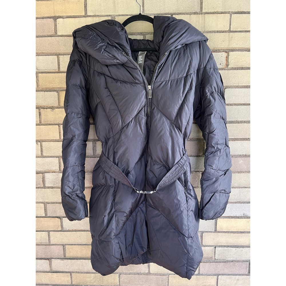 Add European Goose Down Quilted Black Puffer Coat Belt Shawl Collar Hooded Small